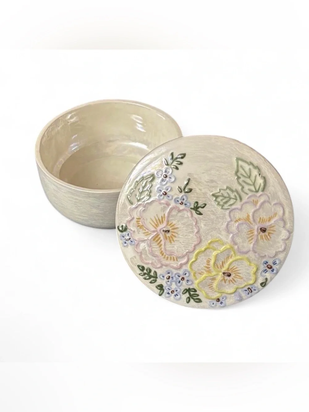 vintage iridescent lusterware ceramic trinket box featuring a floral lid